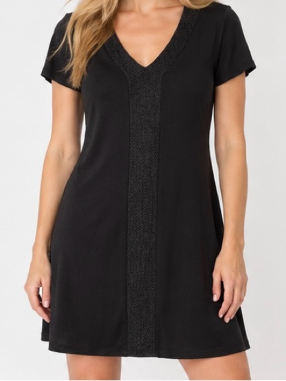 Adrianna Papell Black V-Neck Tunic with Knit Center Panel